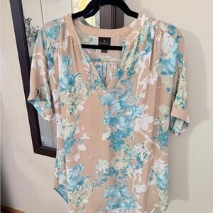 Worthington Beige and Teal Floral Blouse